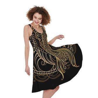 Gold Koi Carp Fish Print Sleeveless Knee Length Dress | Newhawaiianshirts