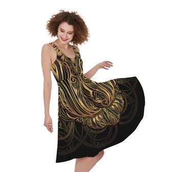 Gold Owl Spirit Print Sleeveless Knee Length Dress | Newhawaiianshirts AU