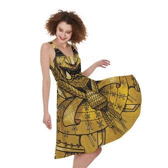 Gold Samurai Mask Print Sleeveless Knee Length Dress | Newhawaiianshirts UK