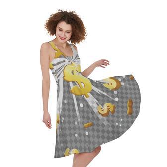 Golden Dollar Sign Explosion Print Sleeveless Knee Length Dress | Newhawaiianshirts UK