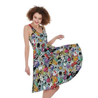 Graffiti Cartoon Characters Print Sleeveless Knee Length Dress | Newhawaiianshirts CA