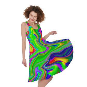 Green Abstract Liquid Trippy Print Sleeveless Knee Length Dress | Newhawaiianshirts