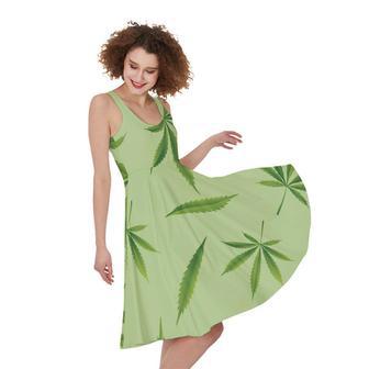 Green Hemp Leaves Pattern Print Sleeveless Knee Length Dress | Newhawaiianshirts UK