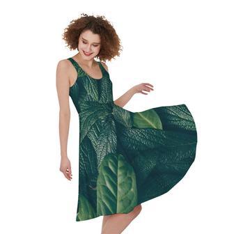 Green Leaves Print Sleeveless Knee Length Dress | Newhawaiianshirts CA