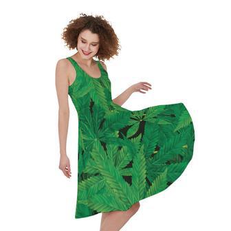 Green Marijuana Leaf Print Sleeveless Knee Length Dress | Newhawaiianshirts