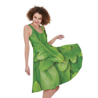 Green Oak Leaf Print Sleeveless Knee Length Dress | Newhawaiianshirts