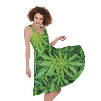 Green Pot Leaf Print Sleeveless Knee Length Dress | Newhawaiianshirts