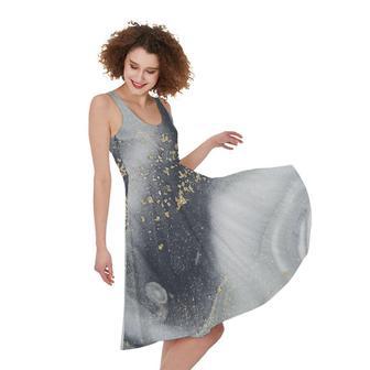 Grey Gold Liquid Marble Print Sleeveless Knee Length Dress | Newhawaiianshirts DE