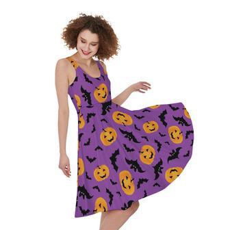 Halloween Bat And Pumpkin Pattern Print Sleeveless Knee Length Dress | Newhawaiianshirts