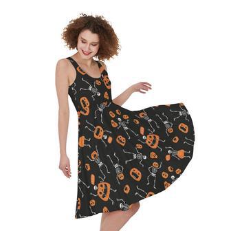 Halloween Skeleton And Pumpkin Print Sleeveless Knee Length Dress | Newhawaiianshirts DE