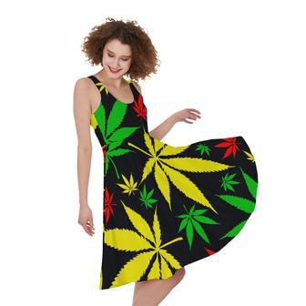 Hemp Leaves Reggae Pattern Print Sleeveless Knee Length Dress | Newhawaiianshirts UK