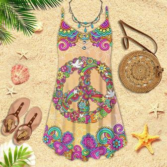 Hippie Boho Gift for Hippies Colorful Floral Peace Spaghetti Strap Summer Dress | Newhawaiianshirts CA