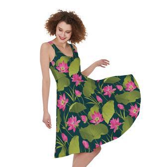 Hot Pink Lotus Pattern Print Sleeveless Knee Length Dress | Newhawaiianshirts AU