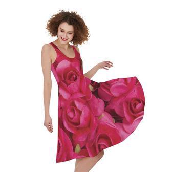 Hot Pink Rose Print Sleeveless Knee Length Dress | Newhawaiianshirts UK