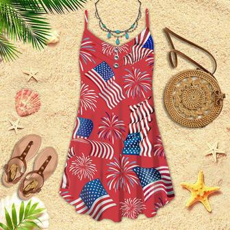 Independence Day Gift for Patriotic Women Red Firework America Flag Spaghetti Strap Summer Dress | Newhawaiianshirts CA