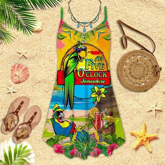 It's 5 O'clock Somewhere Parrot Drink Cocktail Tropical Spaghetti Strap Summer Dress | Newhawaiianshirts UK