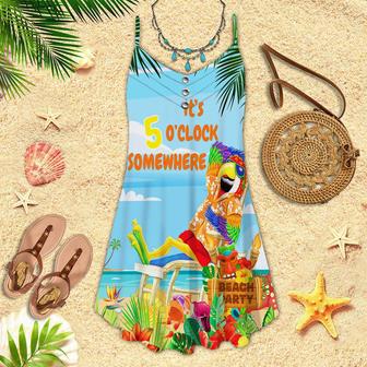 It's 5 O'Clock Somewhere Parrot On The Beach Blue Spaghetti Strap Summer Dress | Newhawaiianshirts DE