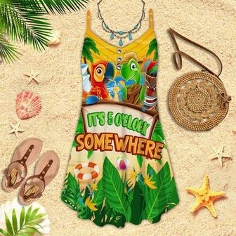 It's 5 O'clock Somewhere Parrot Turtle Tiki Party Yellow Spaghetti Strap Summer Dress | Newhawaiianshirts