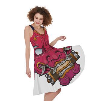 Japanese Demon Mask Print Sleeveless Knee Length Dress | Newhawaiianshirts