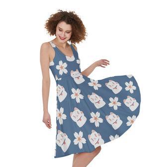 Japanese Lucky Cat And Sakura Print Sleeveless Knee Length Dress | Newhawaiianshirts DE