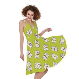 Japanese Lucky Cat Cartoon Print Sleeveless Knee Length Dress | Newhawaiianshirts