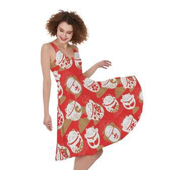 Japanese Lucky Cat Pattern Print Sleeveless Knee Length Dress | Newhawaiianshirts