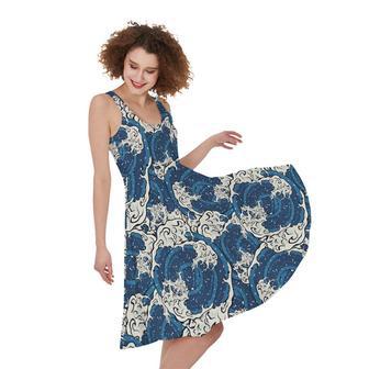 Japanese Ocean Wave Pattern Print Sleeveless Knee Length Dress | Newhawaiianshirts DE