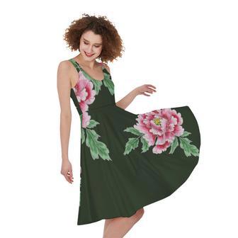 Japanese Peony Print Sleeveless Knee Length Dress | Newhawaiianshirts DE