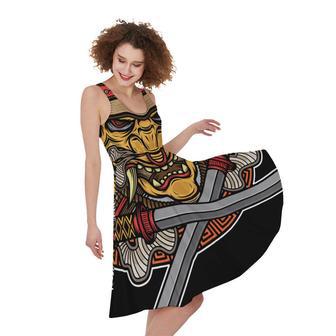 Japanese Samurai Mask Print Sleeveless Knee Length Dress | Newhawaiianshirts UK