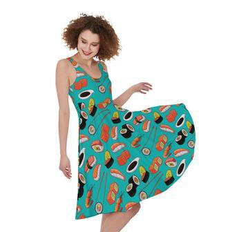 Japanese Sushi And Rolls Pattern Print Sleeveless Knee Length Dress | Newhawaiianshirts CA