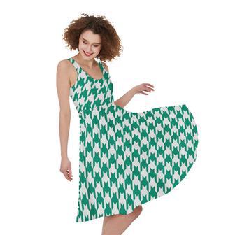 Jungle Green And White Houndstooth Print Sleeveless Knee Length Dress | Newhawaiianshirts