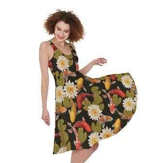 Koi Carp And Lotus Pattern Print Sleeveless Knee Length Dress | Newhawaiianshirts