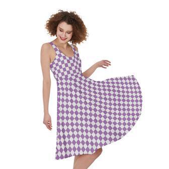 Light Purple And White Checkered Print Sleeveless Knee Length Dress | Newhawaiianshirts CA