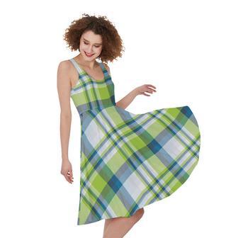 Lime And Blue Madras Plaid Print Sleeveless Knee Length Dress | Newhawaiianshirts