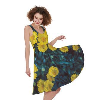 Little Yellow Daisy Print Sleeveless Knee Length Dress | Newhawaiianshirts CA