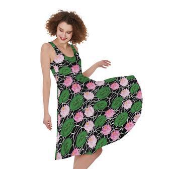 Lotus Flower And Leaf Pattern Print Sleeveless Knee Length Dress | Newhawaiianshirts