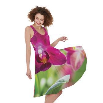 Magenta Orchid Flower Print Sleeveless Knee Length Dress | Newhawaiianshirts CA