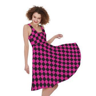 Magenta Pink And Black Checkered Print Sleeveless Knee Length Dress | Newhawaiianshirts DE