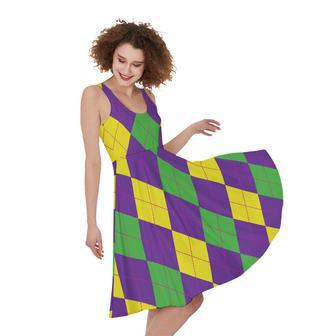 Mardi Gras Argyle Pattern Print Sleeveless Knee Length Dress | Newhawaiianshirts AU