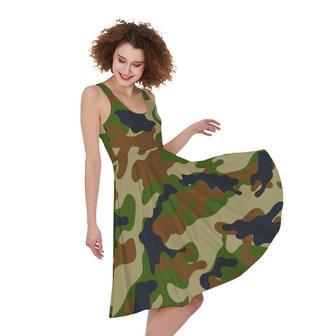 Military Green Camouflage Print Sleeveless Knee Length Dress | Newhawaiianshirts DE