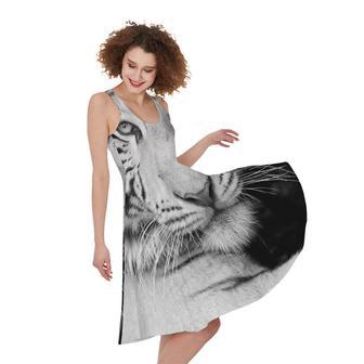 Monochrome White Bengal Tiger Print Sleeveless Knee Length Dress | Newhawaiianshirts CA