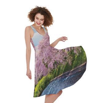 Mount Fuji And Cherry Blossom Print Sleeveless Knee Length Dress | Newhawaiianshirts CA