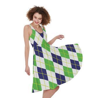 Navy Green And White Argyle Print Sleeveless Knee Length Dress | Newhawaiianshirts