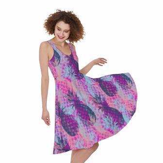 Neon Trippy Pineapple Pattern Print Sleeveless Knee Length Dress | Newhawaiianshirts UK