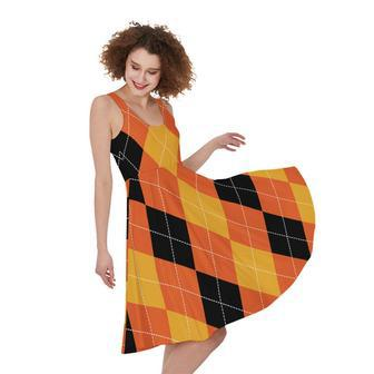 Orange And Black Argyle Pattern Print Sleeveless Knee Length Dress | Newhawaiianshirts DE