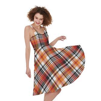 Orange And Black Madras Plaid Print Sleeveless Knee Length Dress | Newhawaiianshirts CA