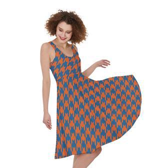 Orange And Blue Houndstooth Print Sleeveless Knee Length Dress | Newhawaiianshirts CA