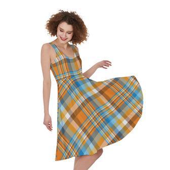 Orange And Blue Madras Pattern Print Sleeveless Knee Length Dress | Newhawaiianshirts DE