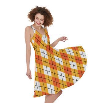 Orange And White Argyle Pattern Print Sleeveless Knee Length Dress | Newhawaiianshirts CA