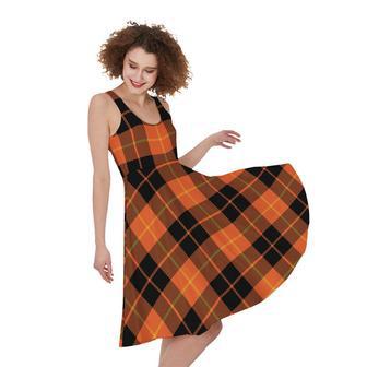 Orange Black And Yellow Tartan Print Sleeveless Knee Length Dress | Newhawaiianshirts